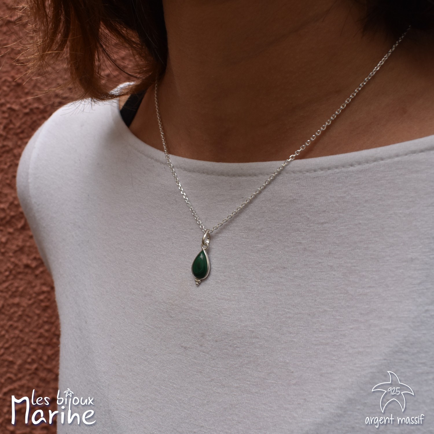 Collier chaîne forçat goutte Malachite argent 925