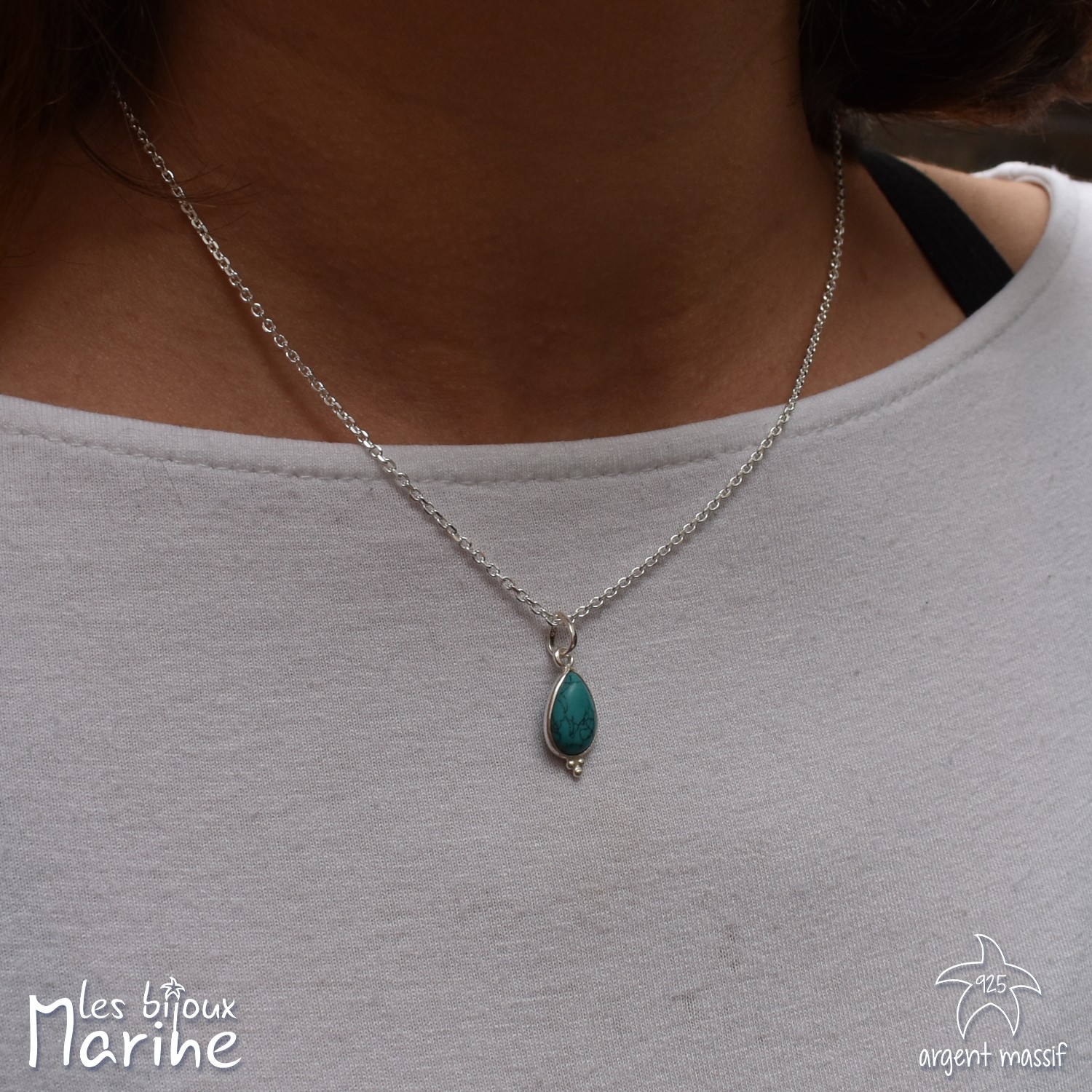 Collier chaîne forçat goutte Turquoise argent 925