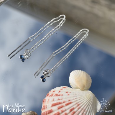 Boucles d'oreilles chaîne traversante avec oxyde de zirconium bleu saphir