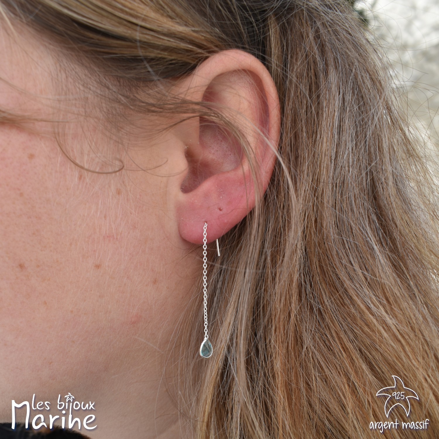 Boucles d'oreilles chaîne traversante goutte avec oxyde de zirconium bleu topaze